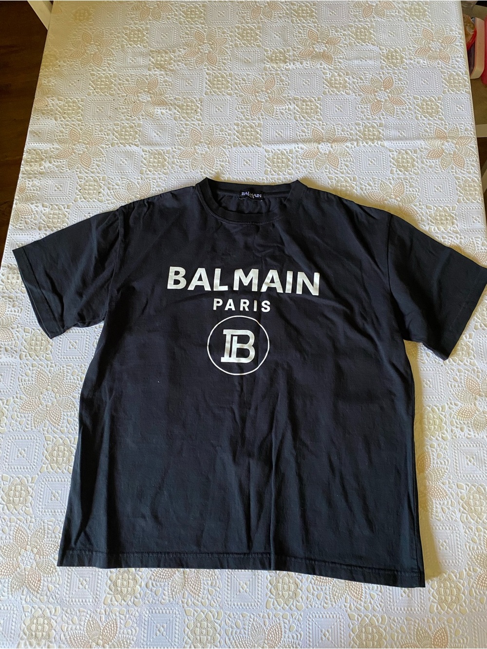 Balmain Black Short-Sleeve Logo Tee with White Print